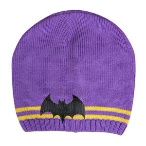 DC Comics Batman Purple Knit Beanie Hat Black Bat Logo Yellow Stripes Kids